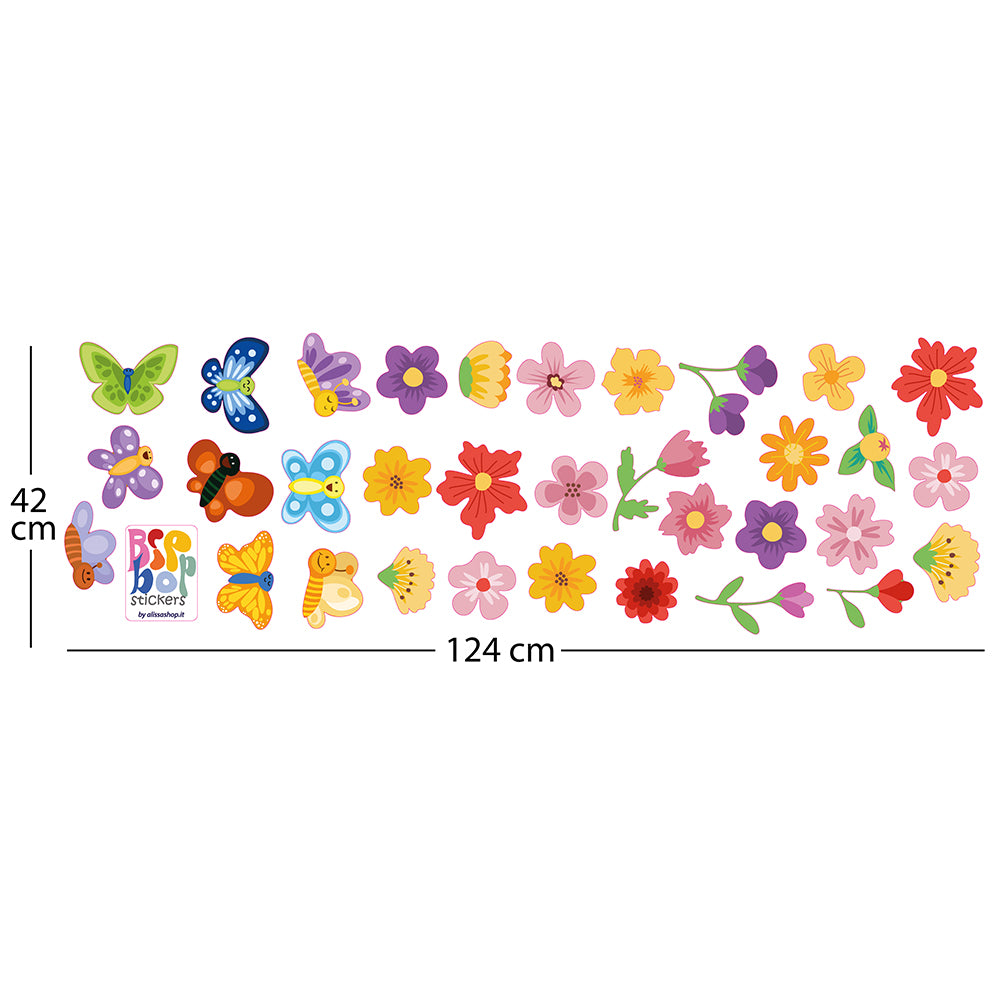 BipBop Stickers "Fiori e farfalle" Set 30 pz. Adesivi murali in tessuto Premium" per bambini attacca e stacca, Sicuri e Atossici. Decora le camerette dei bambini. Unici e creativi
