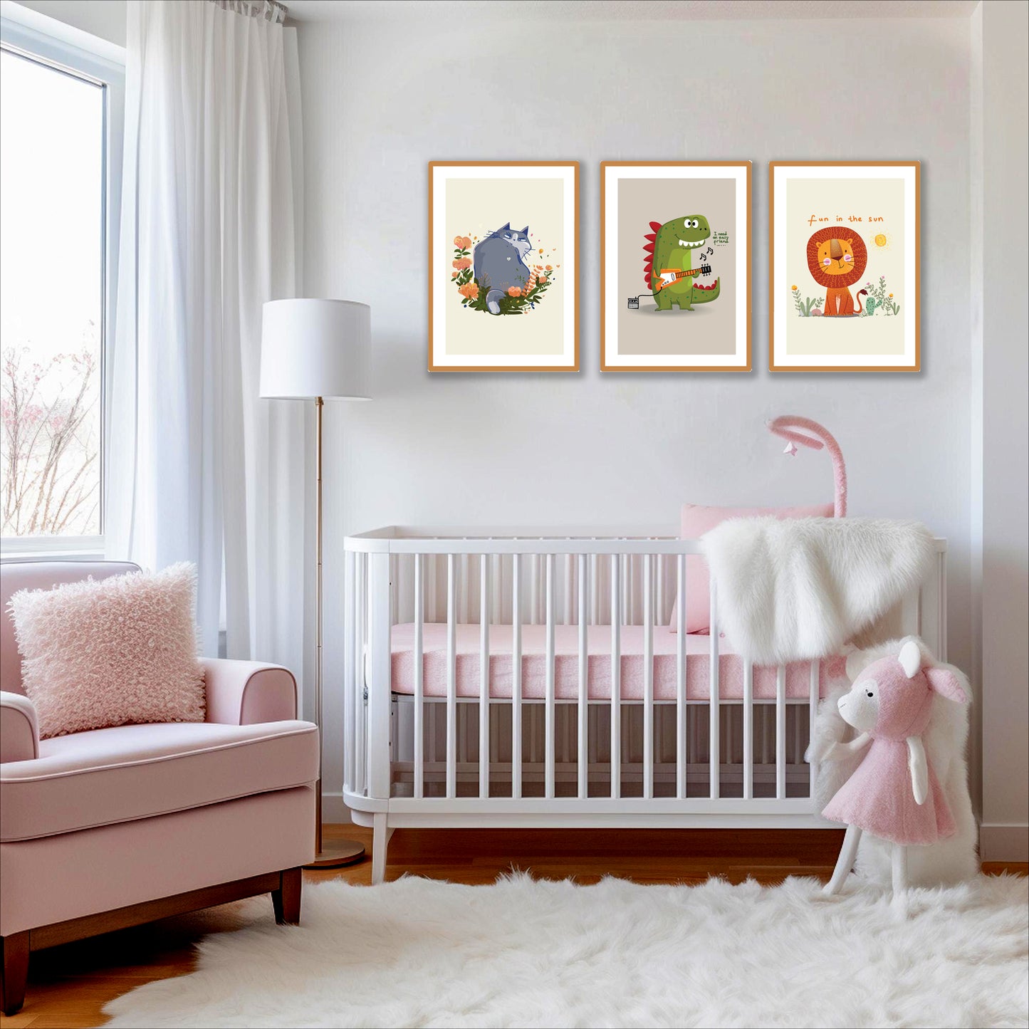 BipBop – Set 3 Quadri Cameretta Bambini con Cornice in Legno Naturale – Decorazioni Parete Cameretta Neonato – Set da Parete per Camera Bimbo e Bimba – mis. 35x50-35x30-35x50 - Animals