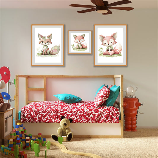 BipBop – Set 3 Quadri Cameretta Bambini con Cornice in Legno Naturale – Decorazioni Parete Cameretta Neonato – Set da Parete per Camera Bimbo e Bimba – mis. 40x50-30x30-40x50-Animals (Simpatica Volpe)