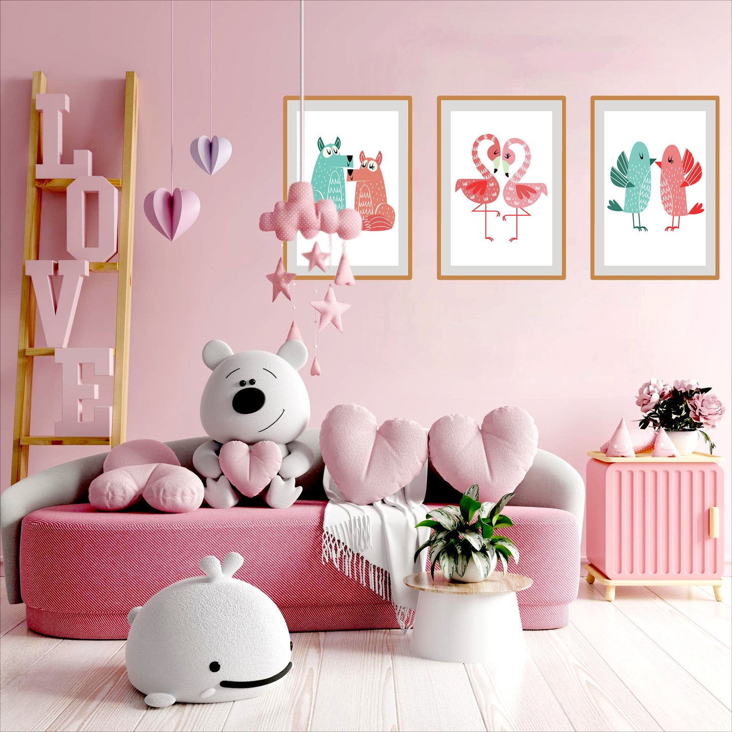 BipBop – Set 3 Quadri Cameretta Bambini con Cornice in Legno Naturale – Decorazioni Parete Cameretta Neonato – Set da Parete per Camera Bimbo e Bimba – mis. 40x50-40X50-40x50 - Animal Duo