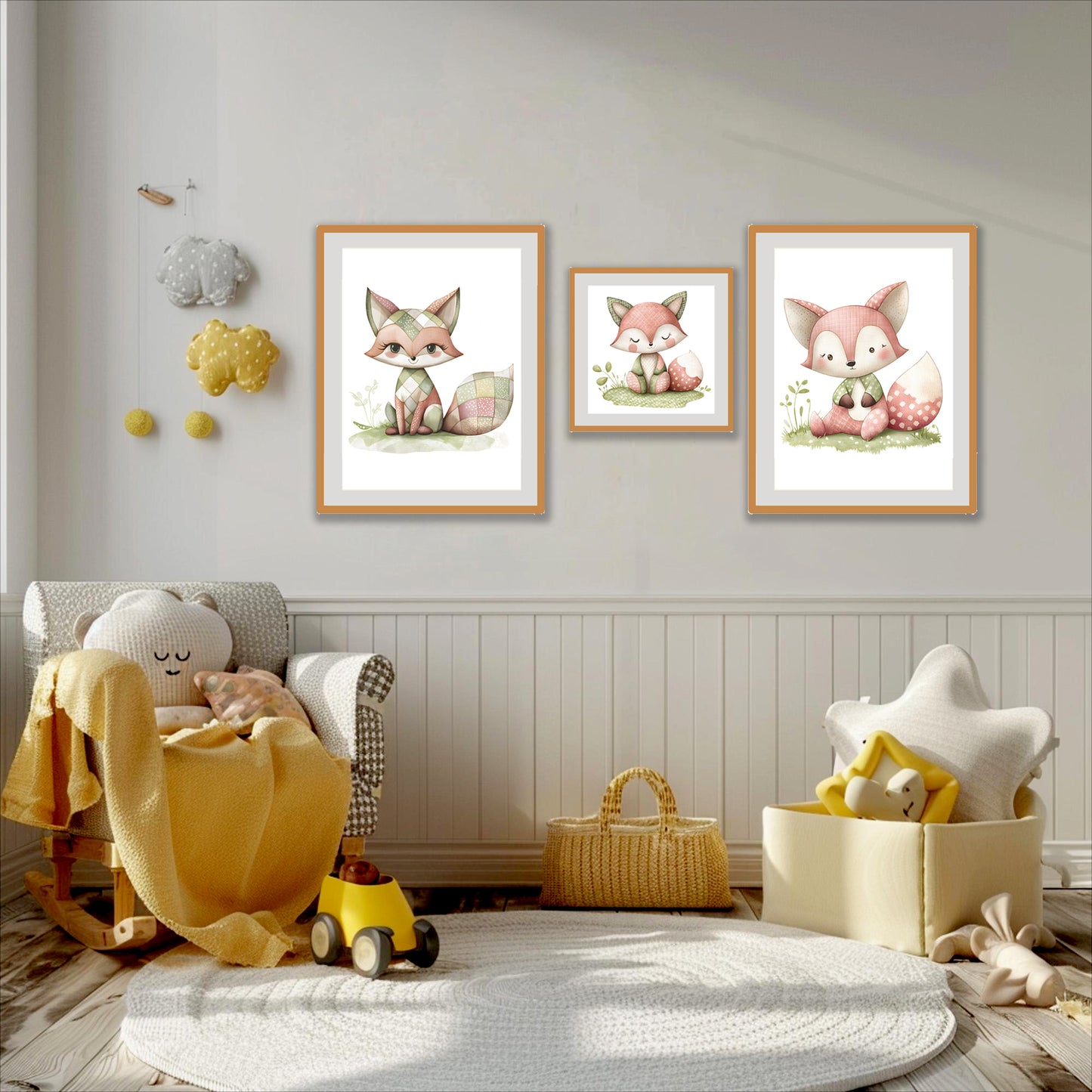 BipBop – Set 3 Quadri Cameretta Bambini con Cornice in Legno Naturale – Decorazioni Parete Cameretta Neonato – Set da Parete per Camera Bimbo e Bimba – mis. 40x50-30x30-40x50-Animals (Simpatica Volpe)