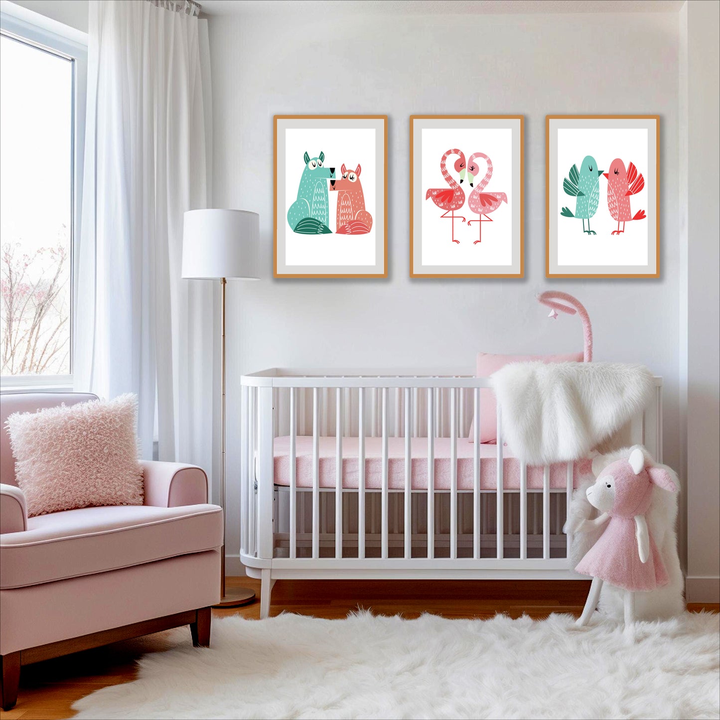 BipBop – Set 3 Quadri Cameretta Bambini con Cornice in Legno Naturale – Decorazioni Parete Cameretta Neonato – Set da Parete per Camera Bimbo e Bimba – mis. 40x50-40X50-40x50 - Animal Duo