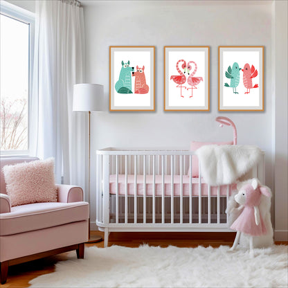BipBop – Set 3 Quadri Cameretta Bambini con Cornice in Legno Naturale – Decorazioni Parete Cameretta Neonato – Set da Parete per Camera Bimbo e Bimba – mis. 40x50-40X50-40x50 - Animal Duo