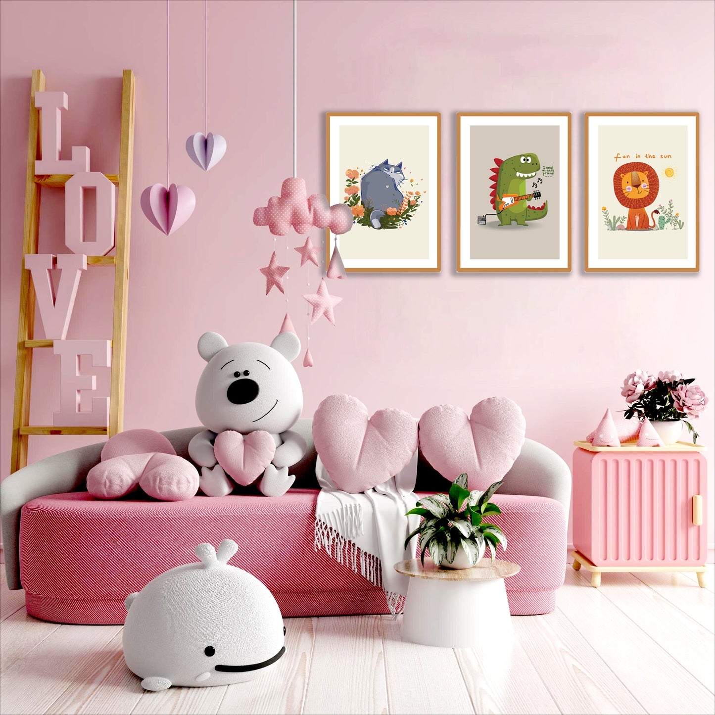 BipBop – Set 3 Quadri Cameretta Bambini con Cornice in Legno Naturale – Decorazioni Parete Cameretta Neonato – Set da Parete per Camera Bimbo e Bimba – mis. 35x50-35x30-35x50 - Animals