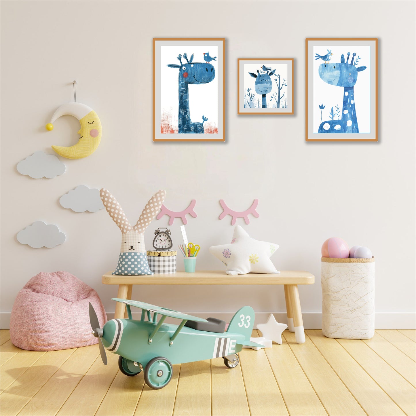 BipBop – Set 3 Quadri Cameretta Bambini con Cornice in Legno Naturale – Decorazioni Parete Cameretta Neonato – Set da Parete per Camera Bimbo e Bimba – mis. 35x50-30x30-35x50 - (Giraffa)