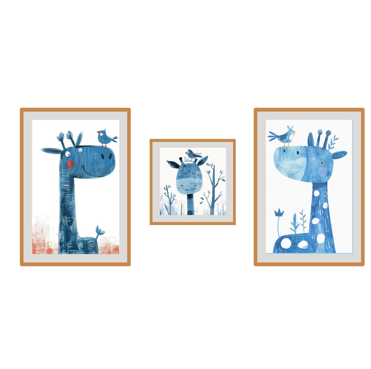 BipBop – Set 3 Quadri Cameretta Bambini con Cornice in Legno Naturale – Decorazioni Parete Cameretta Neonato – Set da Parete per Camera Bimbo e Bimba – mis. 35x50-30x30-35x50 - (Giraffa)