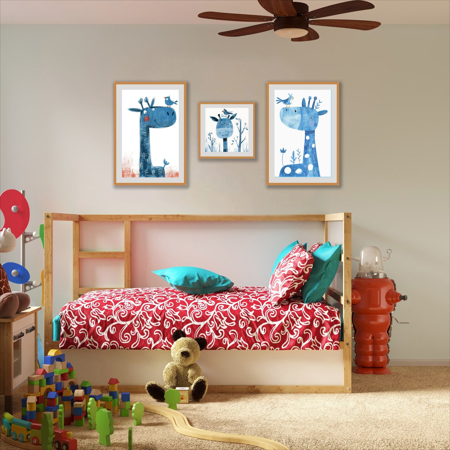 BipBop – Set 3 Quadri Cameretta Bambini con Cornice in Legno Naturale – Decorazioni Parete Cameretta Neonato – Set da Parete per Camera Bimbo e Bimba – mis. 35x50-30x30-35x50 - (Giraffa)