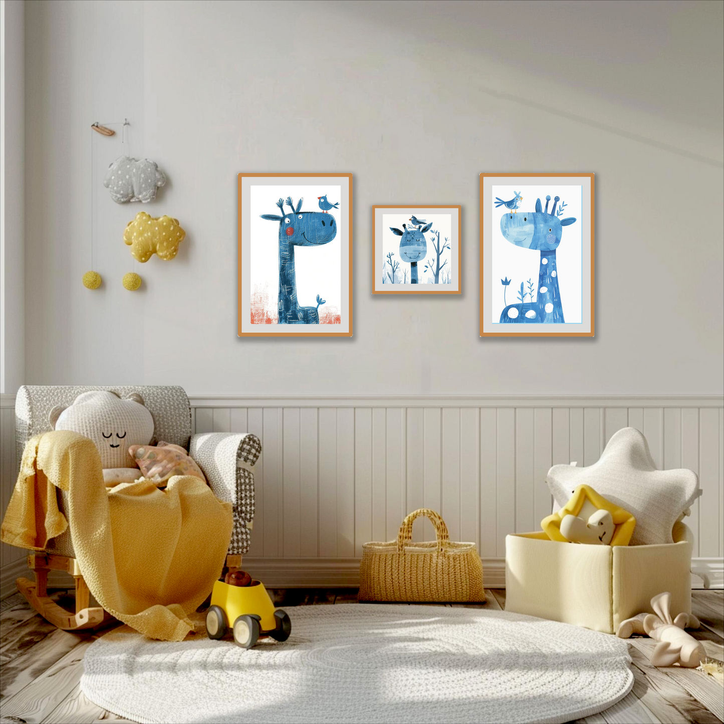 BipBop – Set 3 Quadri Cameretta Bambini con Cornice in Legno Naturale – Decorazioni Parete Cameretta Neonato – Set da Parete per Camera Bimbo e Bimba – mis. 35x50-30x30-35x50 - (Giraffa)