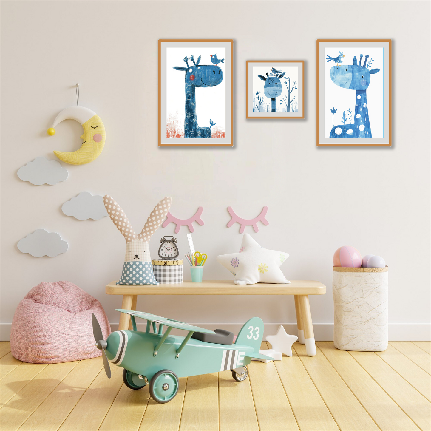 BipBop – Set 3 Quadri Cameretta Bambini con Cornice in Legno Naturale – Decorazioni Parete Cameretta Neonato – Set da Parete per Camera Bimbo e Bimba – mis. 35x50-30x30-35x50 - (Giraffa)