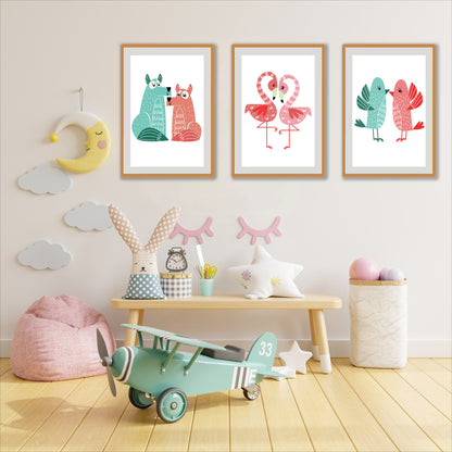 BipBop – Set 3 Quadri Cameretta Bambini con Cornice in Legno Naturale – Decorazioni Parete Cameretta Neonato – Set da Parete per Camera Bimbo e Bimba – mis. 40x50-40X50-40x50 - Animal Duo