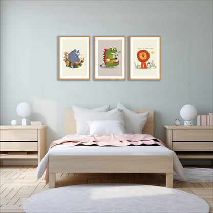 BipBop – Set 3 Quadri Cameretta Bambini con Cornice in Legno Naturale – Decorazioni Parete Cameretta Neonato – Set da Parete per Camera Bimbo e Bimba – mis. 35x50-35x30-35x50 - Animals