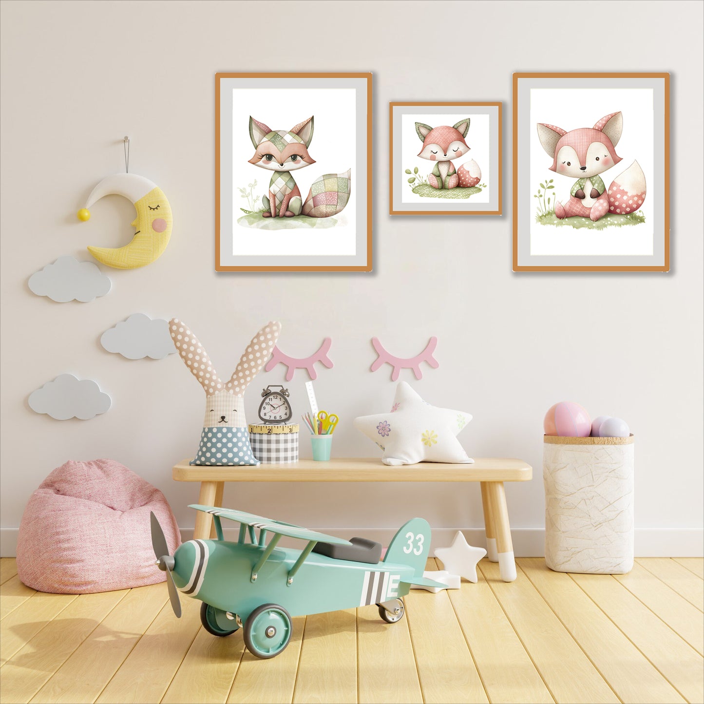BipBop – Set 3 Quadri Cameretta Bambini con Cornice in Legno Naturale – Decorazioni Parete Cameretta Neonato – Set da Parete per Camera Bimbo e Bimba – mis. 40x50-30x30-40x50-Animals (Simpatica Volpe)