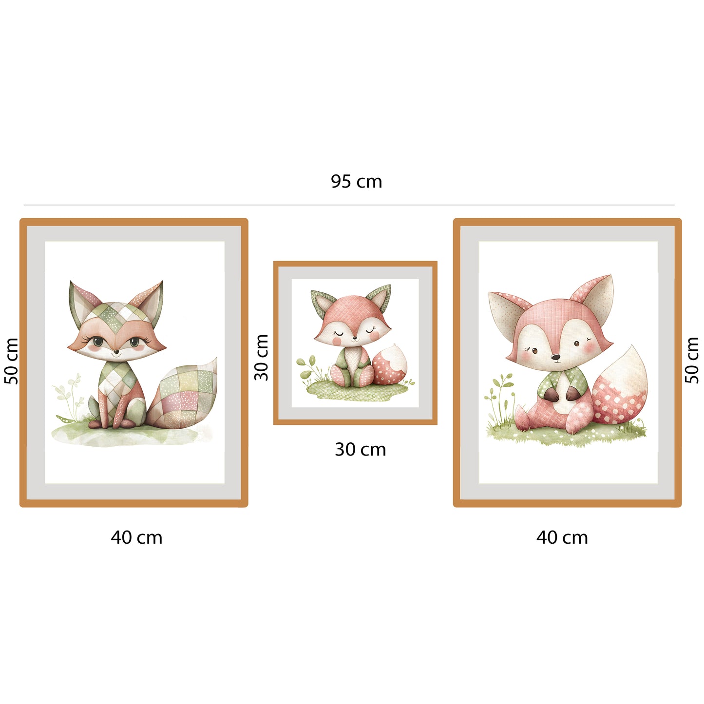 BipBop – Set 3 Quadri Cameretta Bambini con Cornice in Legno Naturale – Decorazioni Parete Cameretta Neonato – Set da Parete per Camera Bimbo e Bimba – mis. 40x50-30x30-40x50-Animals (Simpatica Volpe)
