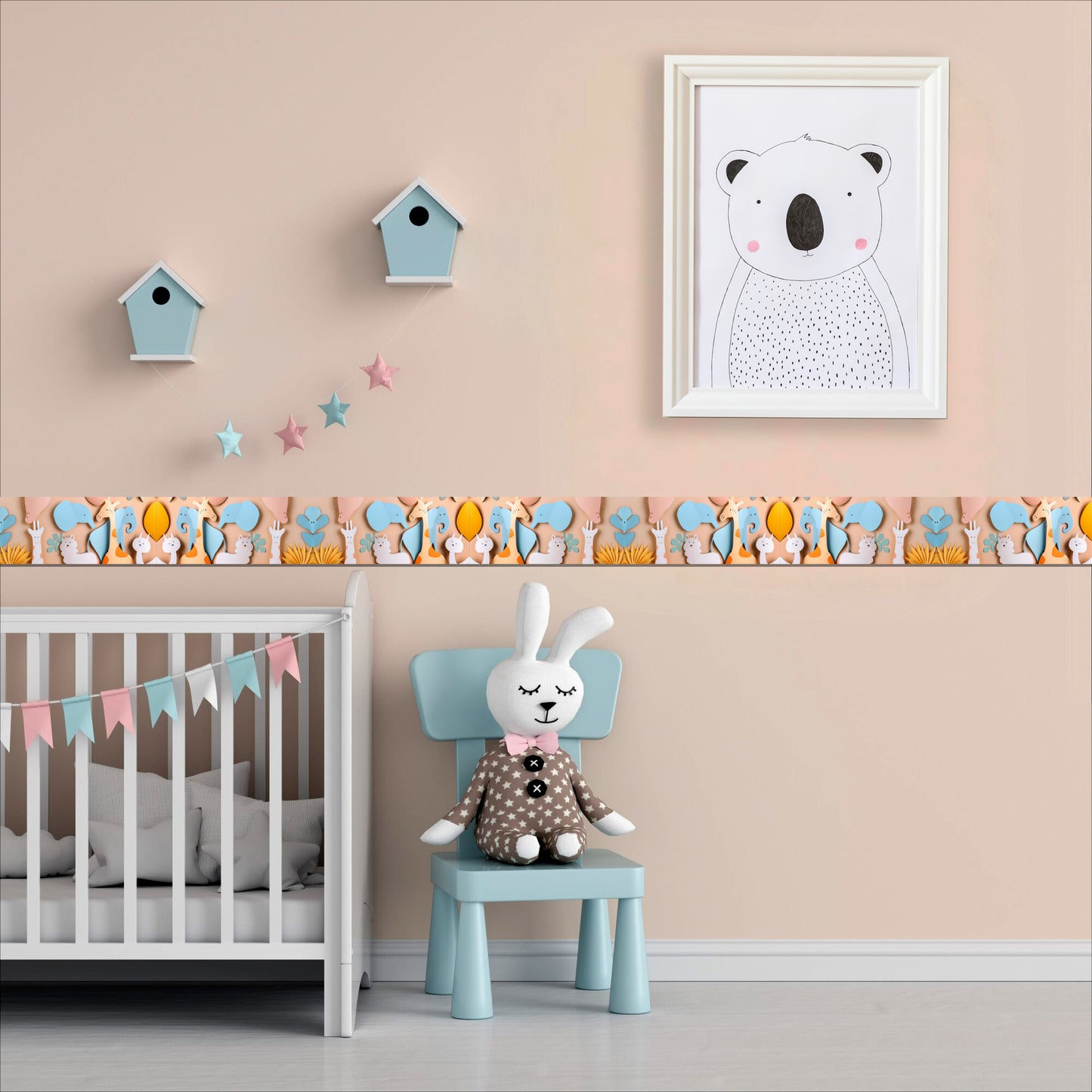 Bordo murale"Animali 3D" Greca decorativa per pareti cameretta bambini, adesivo riposizionabile e lavabile, facile applicazione e rimozione. (Animali 3D)