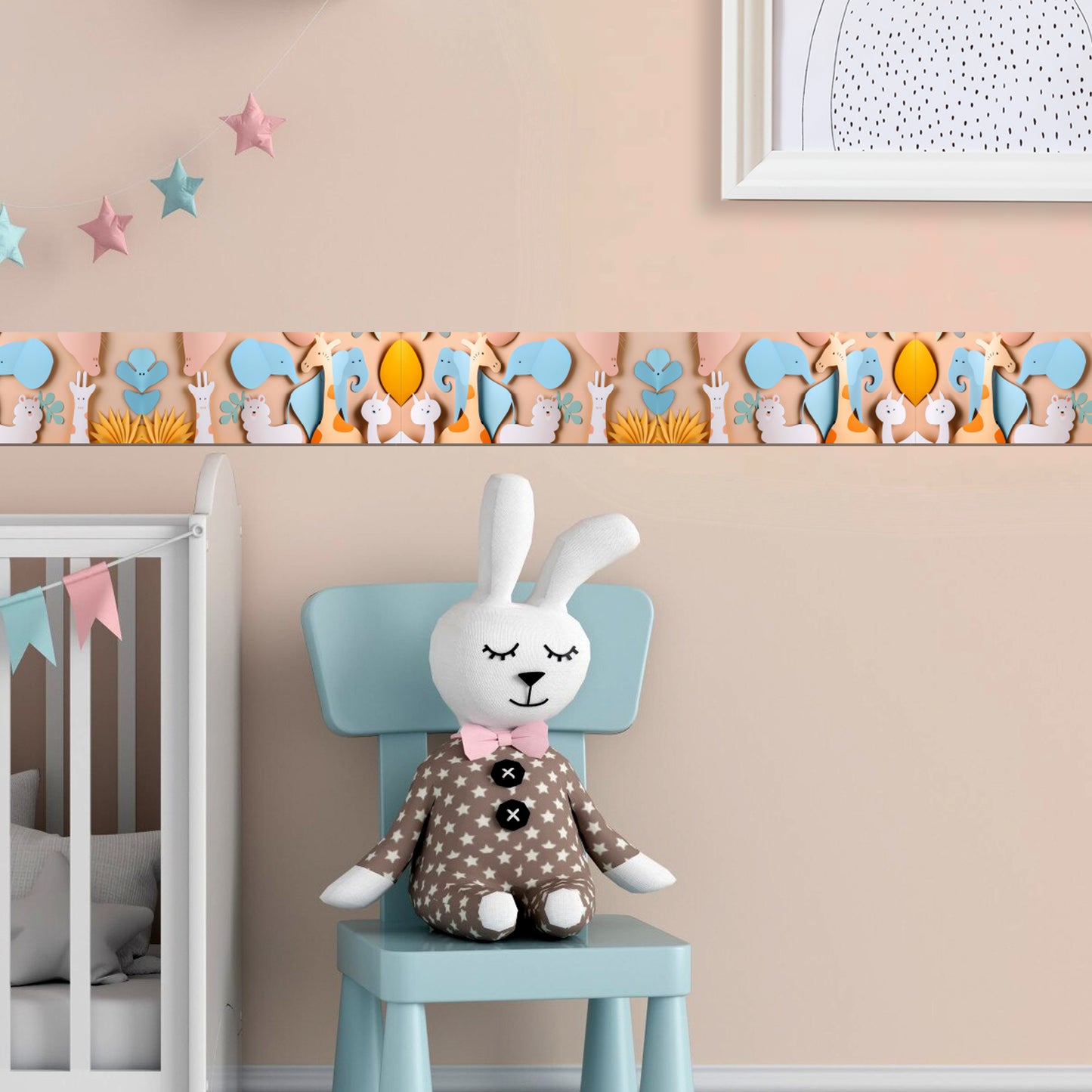 Bordo murale"Animali 3D" Greca decorativa per pareti cameretta bambini, adesivo riposizionabile e lavabile, facile applicazione e rimozione. (Animali 3D)