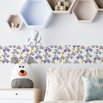 Bordo murale "Animali in auto" Greca decorativa per pareti cameretta bambini, adesivo riposizionabile e lavabile, facile applicazione e rimozione. Scopri tutta la collezione
