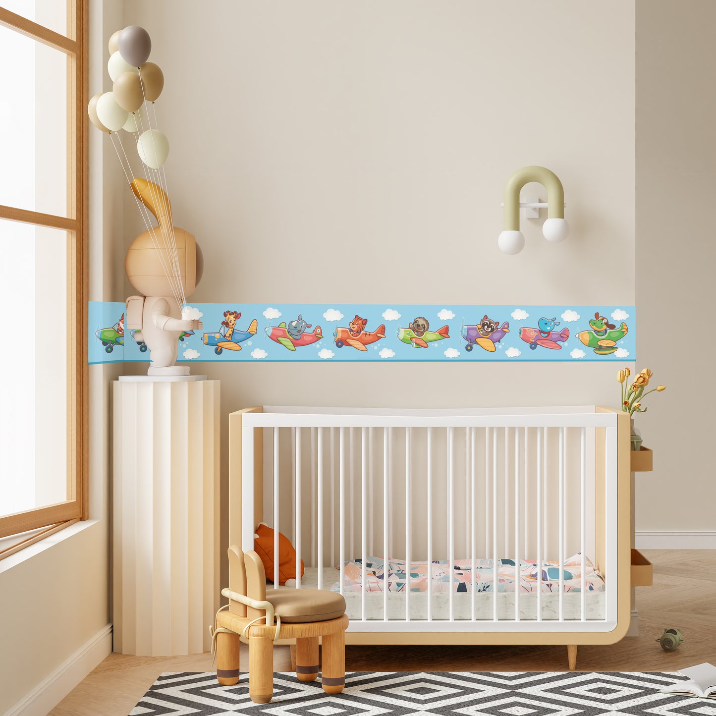 BipBop stickers. Bordo murale"Animali volanti" Greca decorativa per pareti cameretta bambini, adesivo riposizionabile e lavabile, facile applicazione e rimozione. (animali volanti)