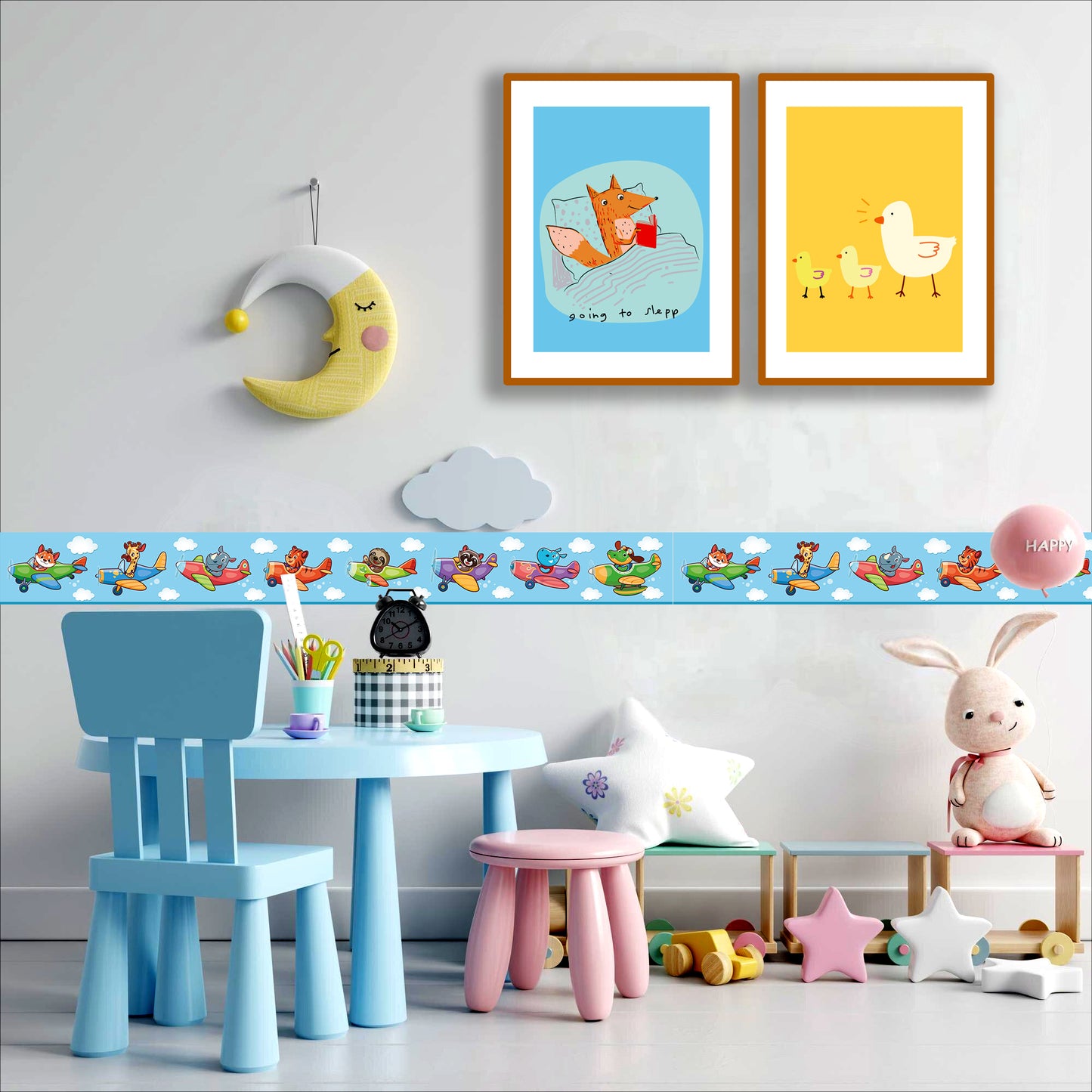 BipBop stickers. Bordo murale"Animali volanti" Greca decorativa per pareti cameretta bambini, adesivo riposizionabile e lavabile, facile applicazione e rimozione. (animali volanti)