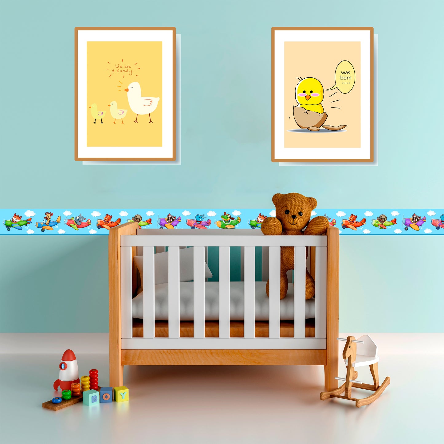 BipBop stickers. Bordo murale"Animali volanti" Greca decorativa per pareti cameretta bambini, adesivo riposizionabile e lavabile, facile applicazione e rimozione. (animali volanti)