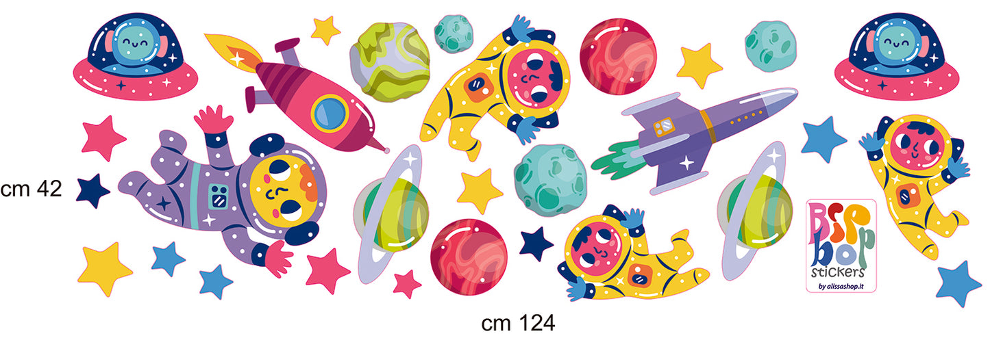 BipBop Stickers "Astronauta" Se 25 pz. Adesivi murali in tessuto Premium" per bambini attacca e stacca, Sicuri e Atossici. Decora le camerette dei bambini. Unici e creativi