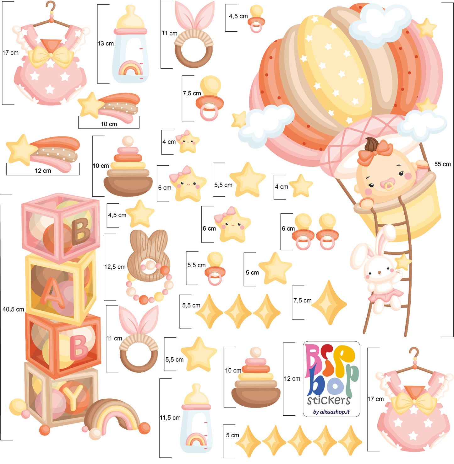 BipBop Stickers "Baby" Set 30 pz. Adesivi murali in tessuto Premium" per bambini attacca e stacca, Sicuri e Atossici. Decora le camerette dei bambini. Unici e creativi