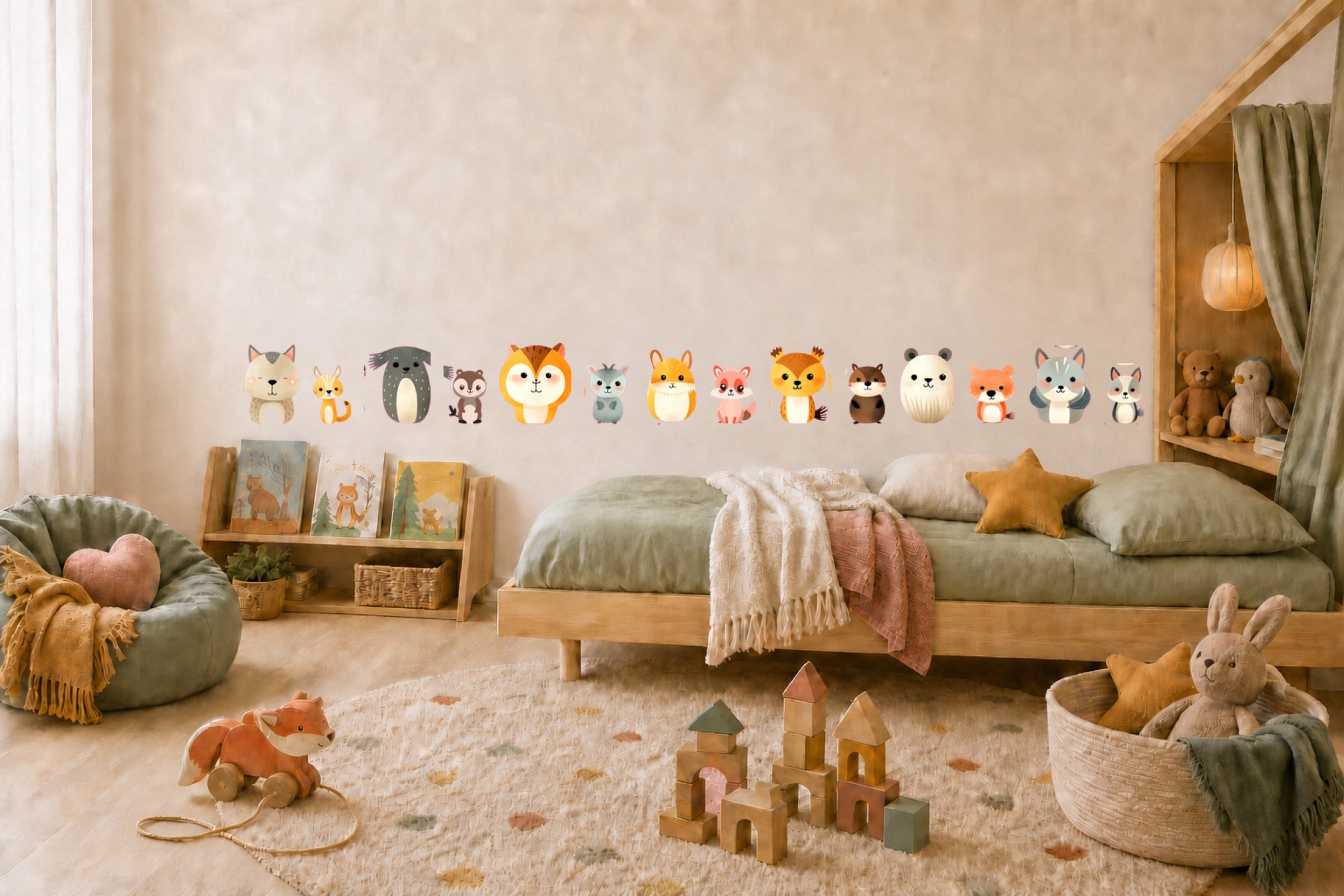 Cameretta naturale decorata con animali, greca e quadri BipBop