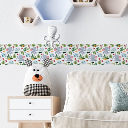 Bordo murale "Elefantini" Greca decorativa per pareti cameretta bambini, adesivo riposizionabile e lavabile, facile applicazione e rimozione. Scopri tutta la collezione