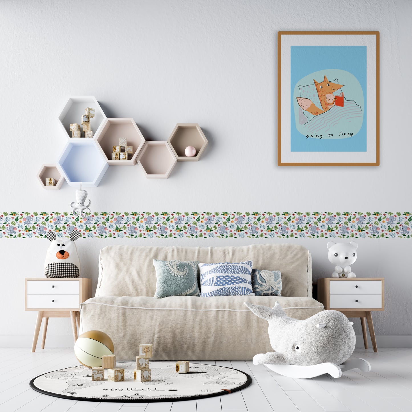 Bordo murale "Elefantini" Greca decorativa per pareti cameretta bambini, adesivo riposizionabile e lavabile, facile applicazione e rimozione. Scopri tutta la collezione