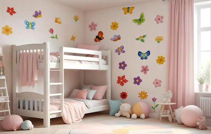 BipBop Stickers "Fiori e farfalle" Set 30 pz. Adesivi murali in tessuto Premium" per bambini attacca e stacca, Sicuri e Atossici. Decora le camerette dei bambini. Unici e creativi