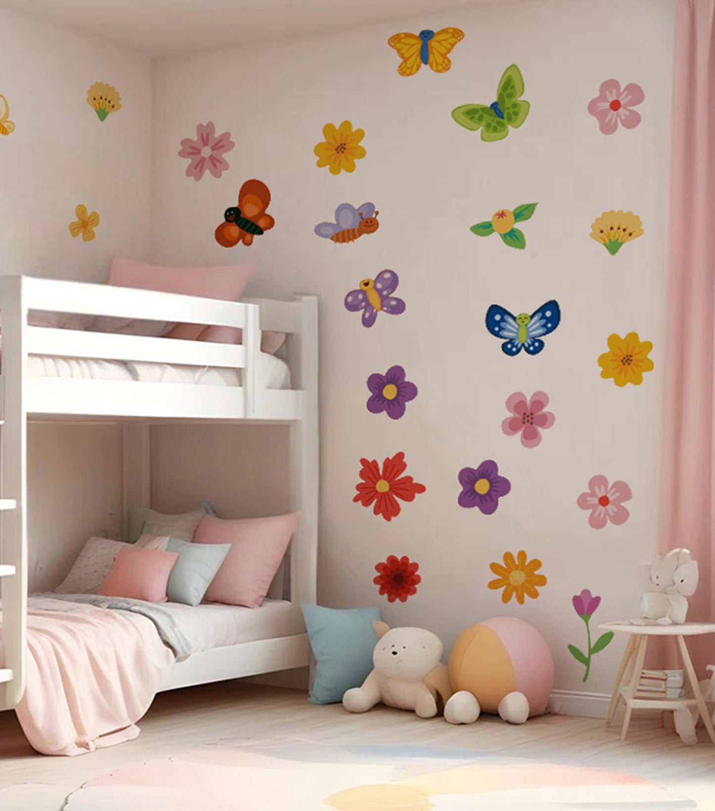 BipBop Stickers "Fiori e farfalle" Set 30 pz. Adesivi murali in tessuto Premium" per bambini attacca e stacca, Sicuri e Atossici. Decora le camerette dei bambini. Unici e creativi