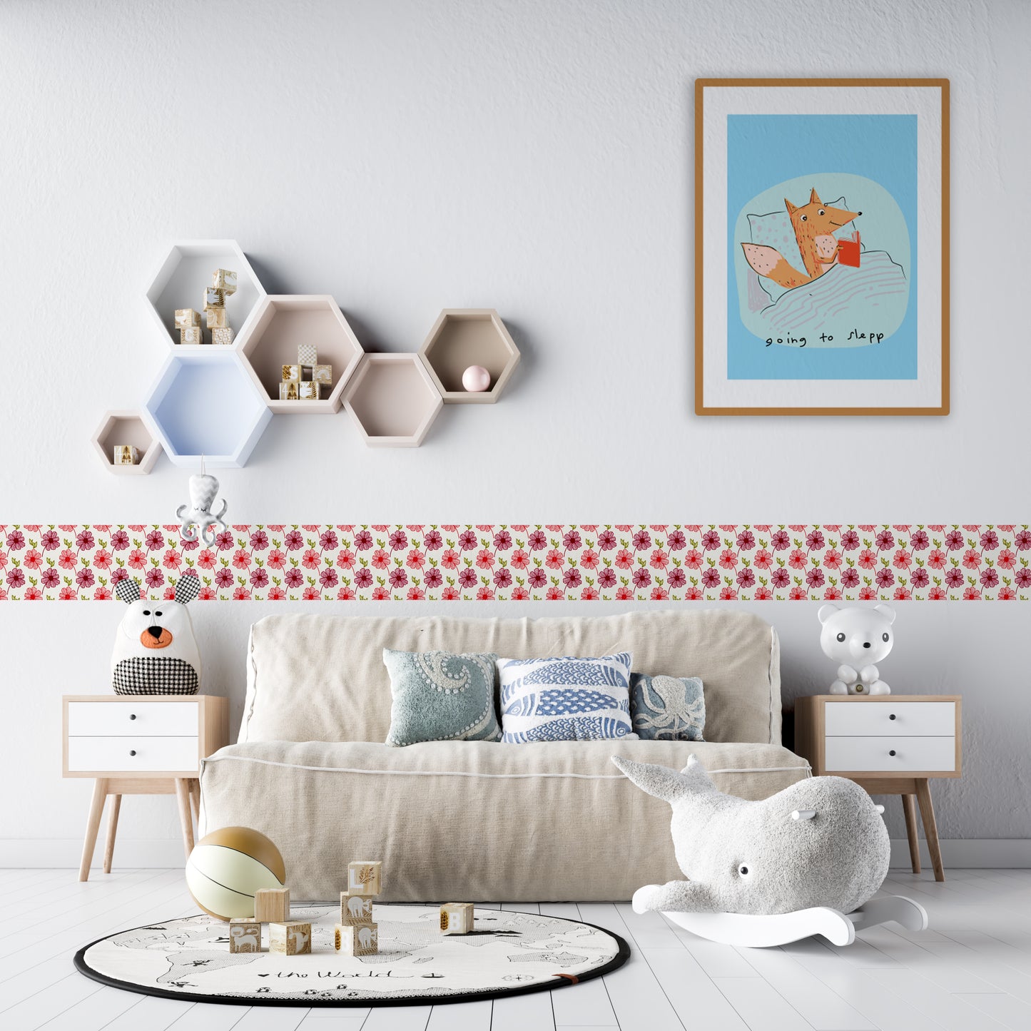 Bordo murale "Fiori" Greca decorativa per pareti cameretta bambini, adesivo riposizionabile e lavabile, facile applicazione e rimozione. Scopri tutta la collezione