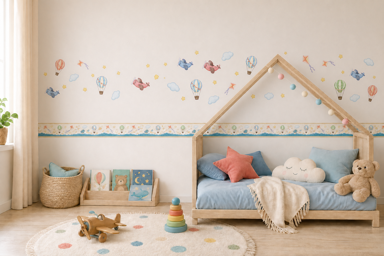 Cameretta beige decorata con mongolfiere e piccoli piloti BipBop