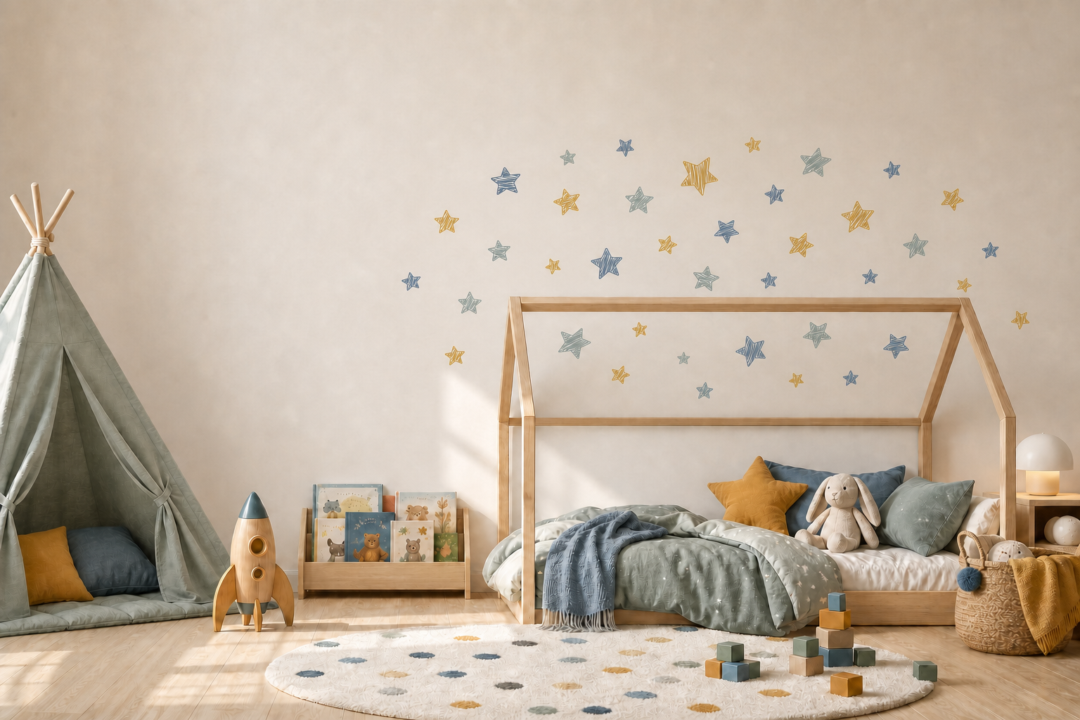 Cameretta dai toni pastello decorata con stelle e sogni BipBop