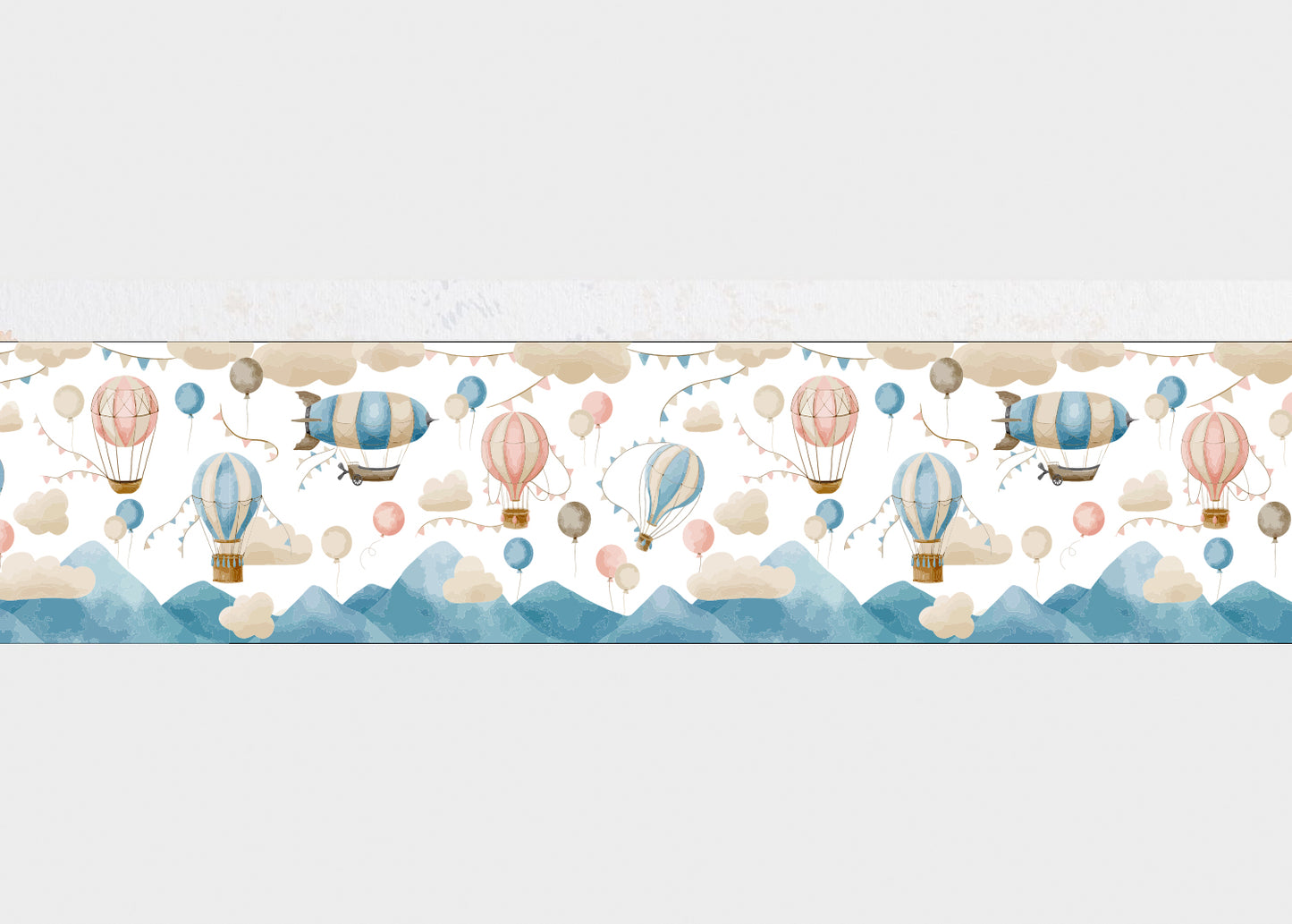 Bordo murale adesivo “Mongolfiere” – Greca decorativa "lunghezza 9 metri" per la camera bambini, adesivo riposizionabile e lavabile, ideale per arredare la cameretta. Vedi tutta la collezione