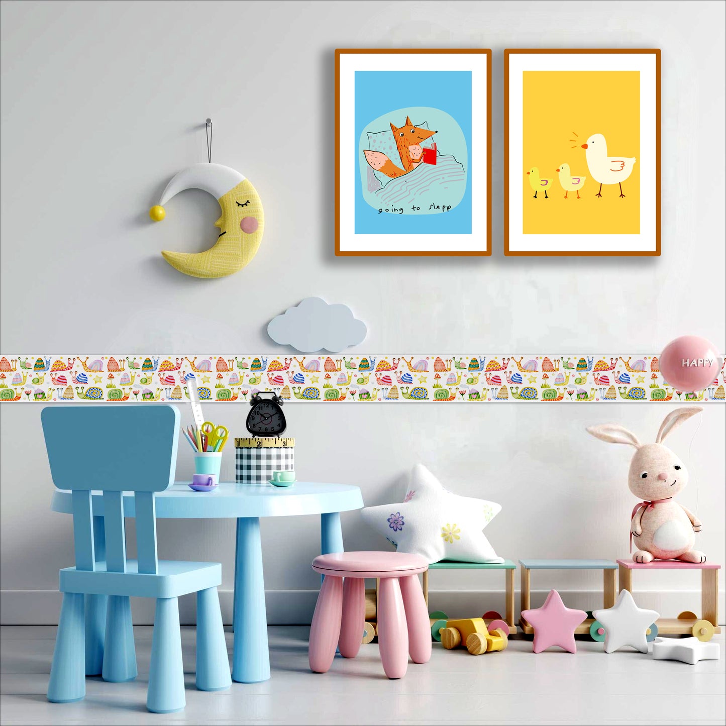 Bordo murale "Lumache" Greca decorativa per pareti cameretta bambini, adesivo riposizionabile e lavabile, facile applicazione e rimozione. Scopri tutta la collezione