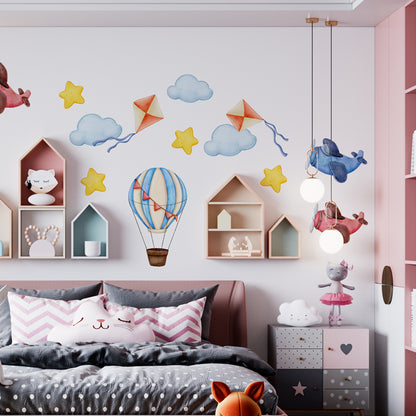 BipBop Stickers “Mongolfiere” – Set premium da 50 pezzi, adesivi murali in tessuto per bambini, riposizionabili e sicuri, per decorare pareti e mobili della cameretta