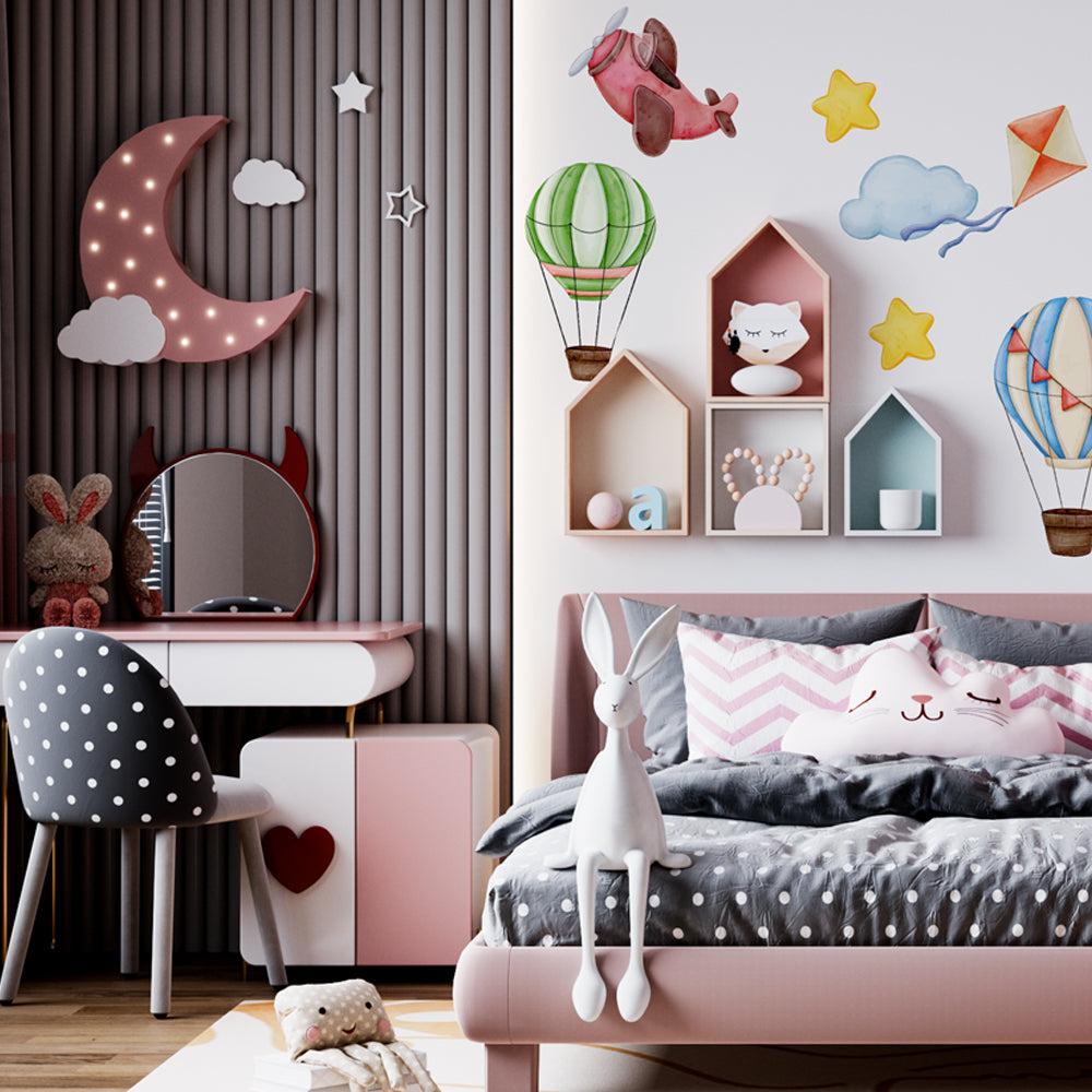 BipBop Stickers “Mongolfiere” – Set premium da 50 pezzi, adesivi murali in tessuto per bambini, riposizionabili e sicuri, per decorare pareti e mobili della cameretta