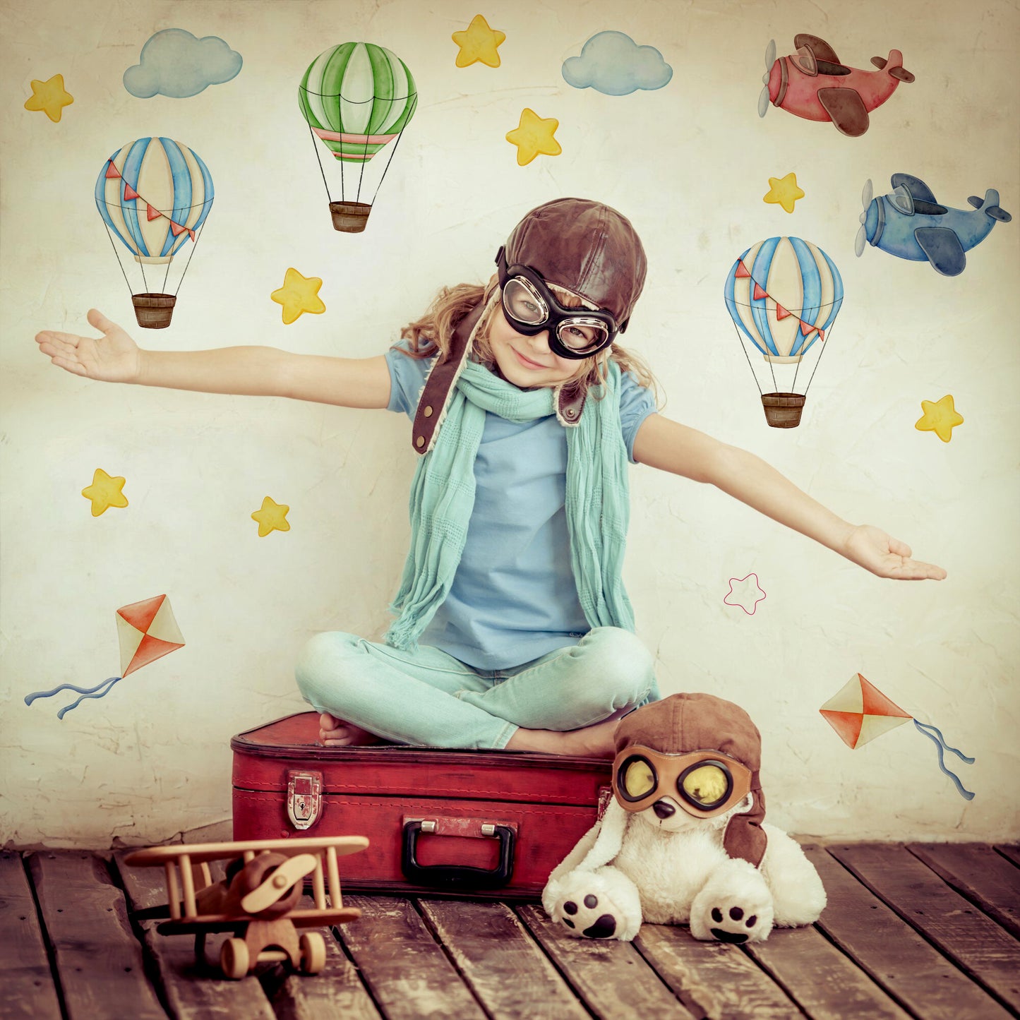 BipBop Stickers “Mongolfiere” – Set premium da 50 pezzi, adesivi murali in tessuto per bambini, riposizionabili e sicuri, per decorare pareti e mobili della cameretta