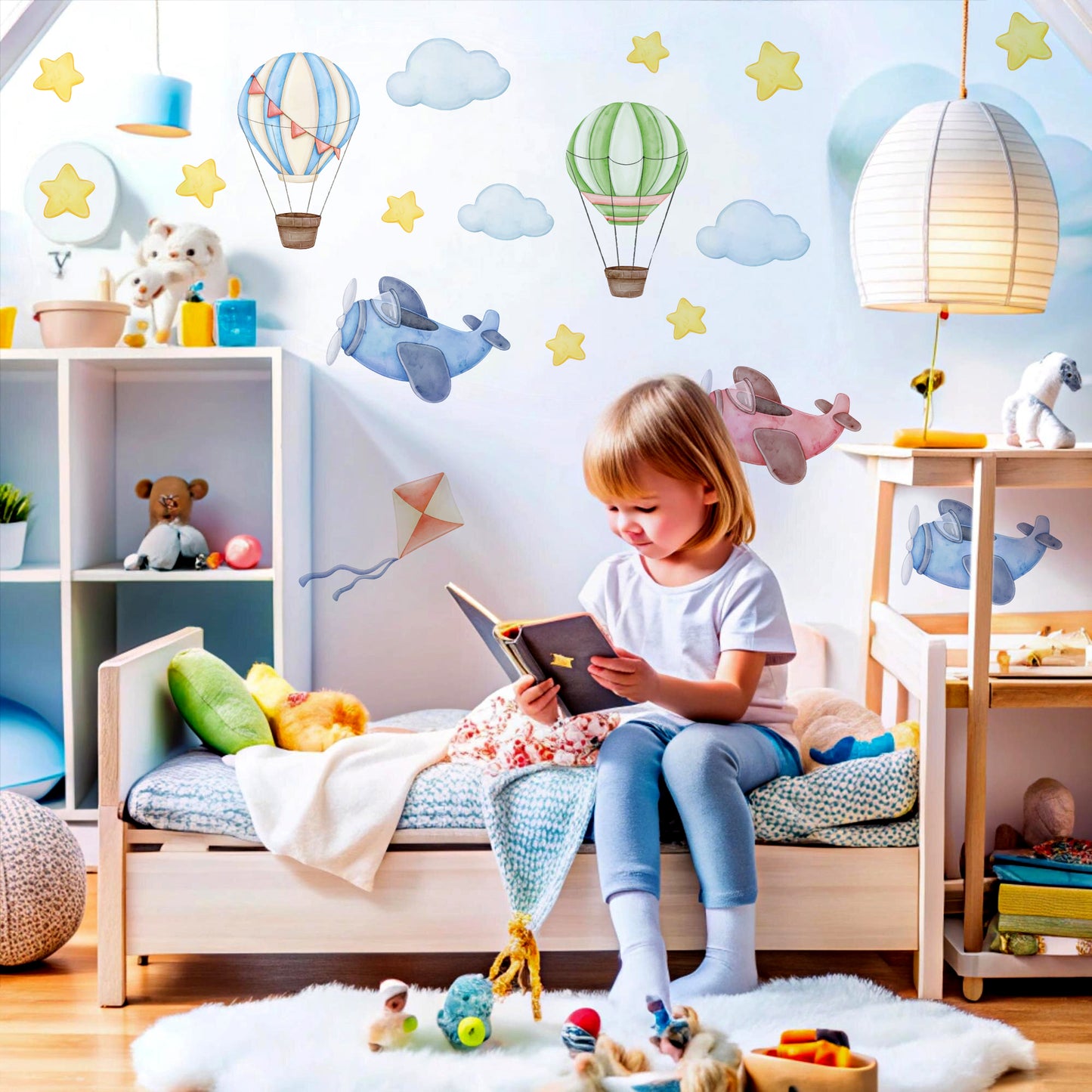 BipBop Stickers “Mongolfiere” – Set premium da 50 pezzi, adesivi murali in tessuto per bambini, riposizionabili e sicuri, per decorare pareti e mobili della cameretta