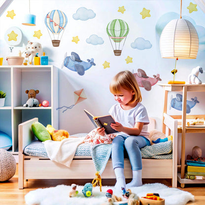 BipBop Stickers “Mongolfiere” – Set premium da 50 pezzi, adesivi murali in tessuto per bambini, riposizionabili e sicuri, per decorare pareti e mobili della cameretta