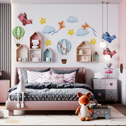 BipBop Stickers “Mongolfiere” – Set premium da 50 pezzi, adesivi murali in tessuto per bambini, riposizionabili e sicuri, per decorare pareti e mobili della cameretta