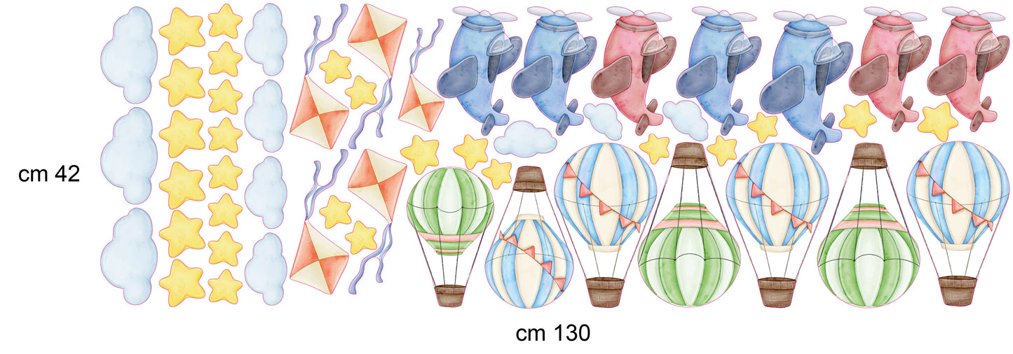 BipBop Stickers “Mongolfiere” – Set premium da 50 pezzi, adesivi murali in tessuto per bambini, riposizionabili e sicuri, per decorare pareti e mobili della cameretta