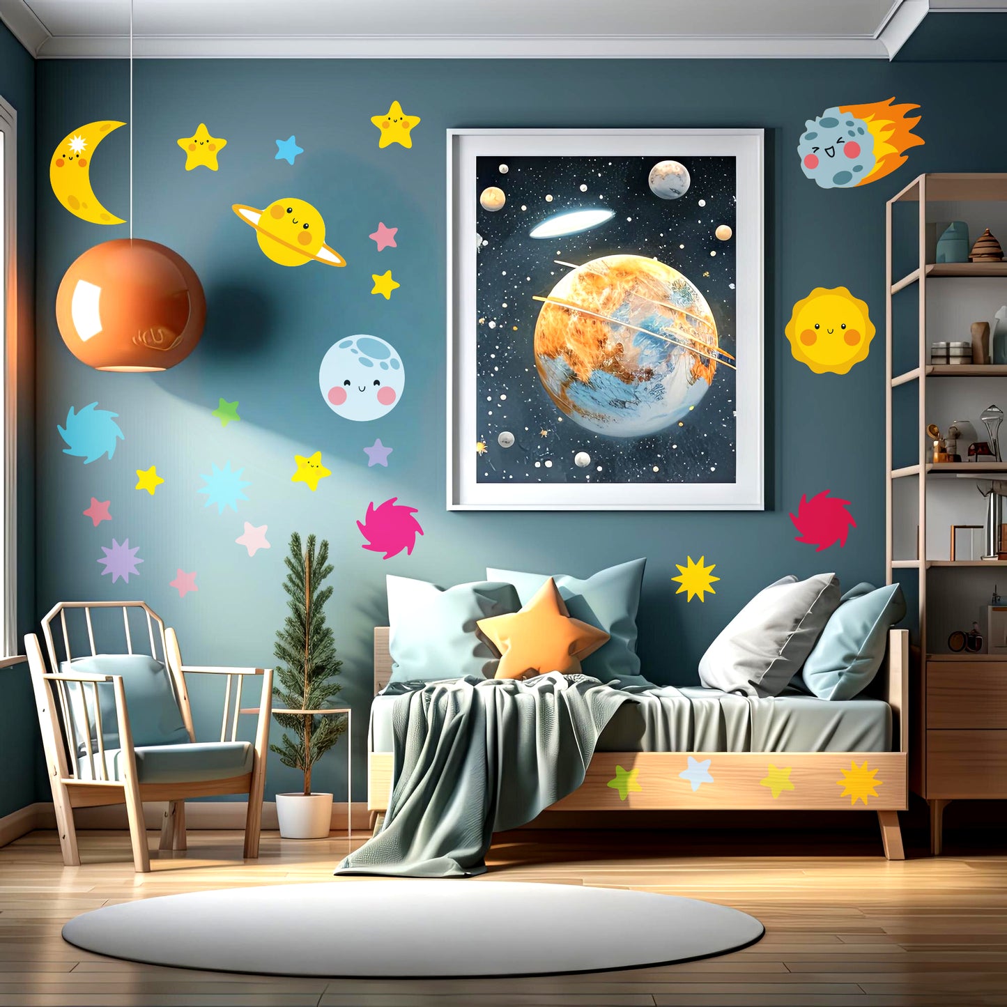 BipBop Stickers "Pianeti" Adesivi murali in tessuto Premium" per bambini attacca e stacca, Sicuri e Atossici. Decora le camerette dei bambini. Unici e creativi