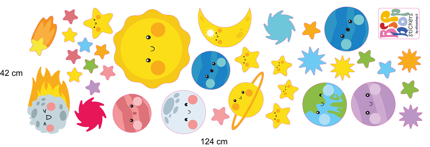 BipBop Stickers "Pianeti" Adesivi murali in tessuto Premium" per bambini attacca e stacca, Sicuri e Atossici. Decora le camerette dei bambini. Unici e creativi