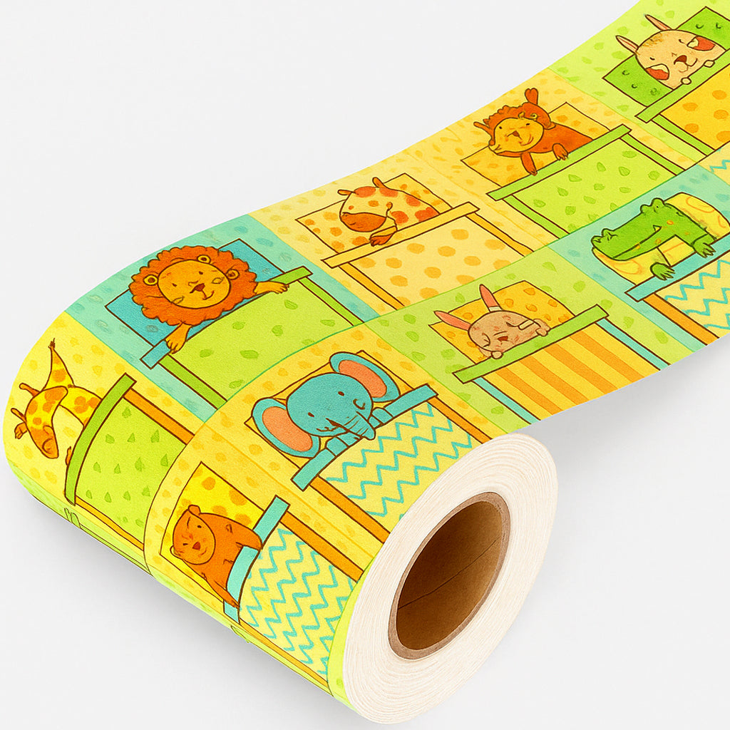 Bordo murale adesivo “Animali addormentati” Greca decorativa " 7 pezzi" per camera bambini, lunghezza 9 metri, adesivo riposizionabile e lavabile, per arredare la cameretta. Scopri la collezione