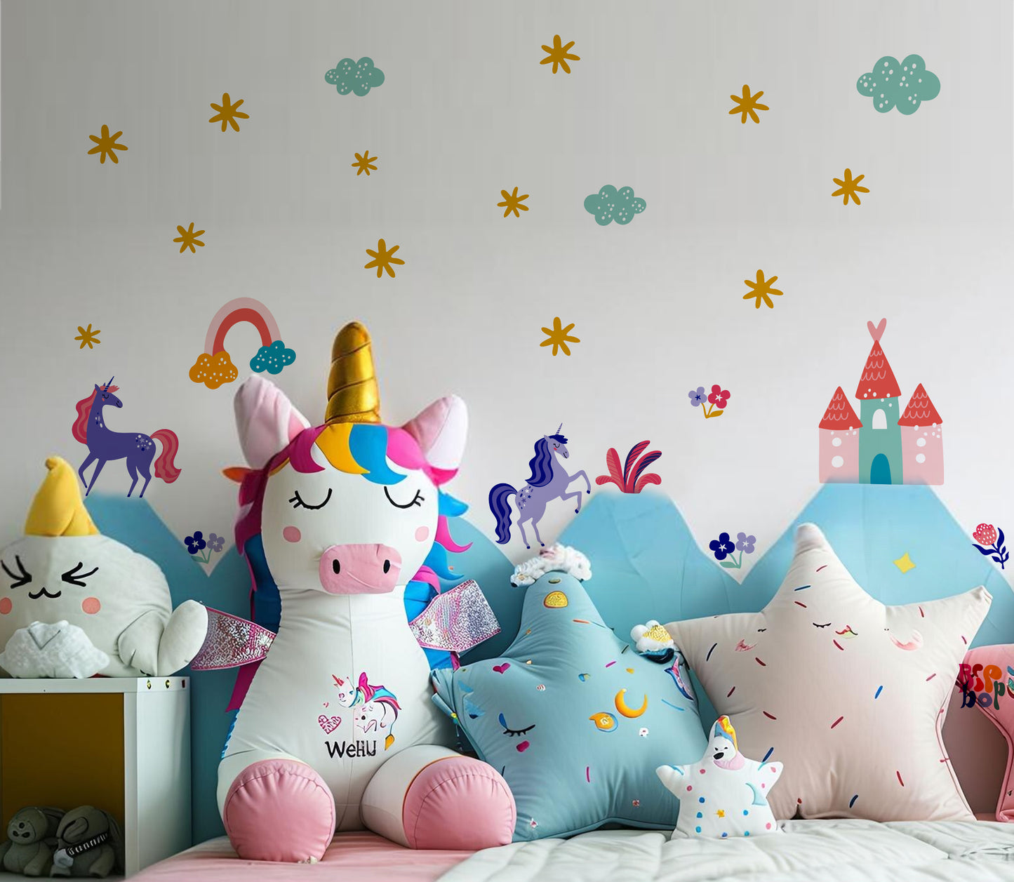 BipBop Stickers "Unicorno" Adesivi murali in tessuto Premium" per bambini attacca e stacca, Sicuri e Atossici. Decora le camerette dei bambini. Unici e creativi