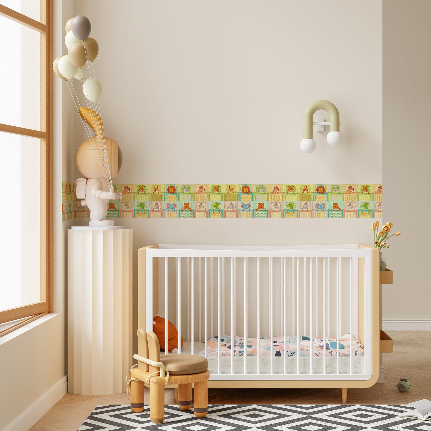 Bordo murale adesivo “Animali addormentati” Greca decorativa " 7 pezzi" per camera bambini, lunghezza 9 metri, adesivo riposizionabile e lavabile, per arredare la cameretta. Scopri la collezione