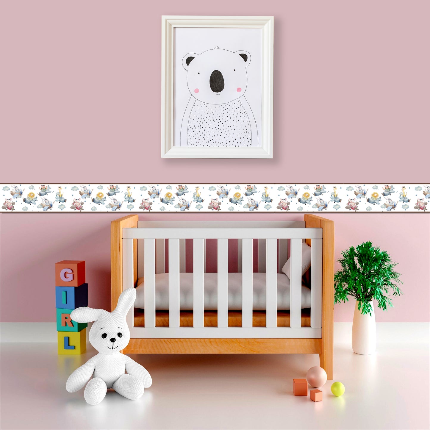 BipBop stickers. Bordo murale"Animali in Aereo" Greca decorativa per pareti cameretta bambini, adesivo riposizionabile e lavabile, facile applicazione e rimozione. (Animali in aereo)