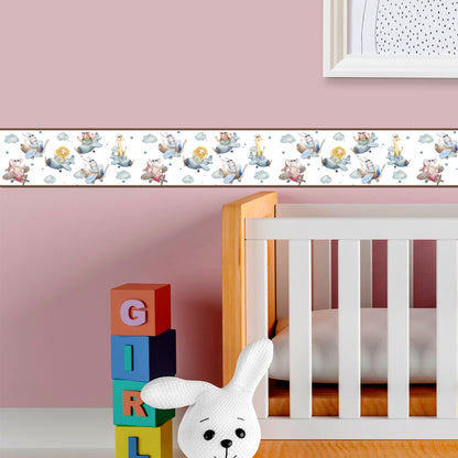 BipBop stickers. Bordo murale"Animali in Aereo" Greca decorativa per pareti cameretta bambini, adesivo riposizionabile e lavabile, facile applicazione e rimozione. (Animali in aereo)
