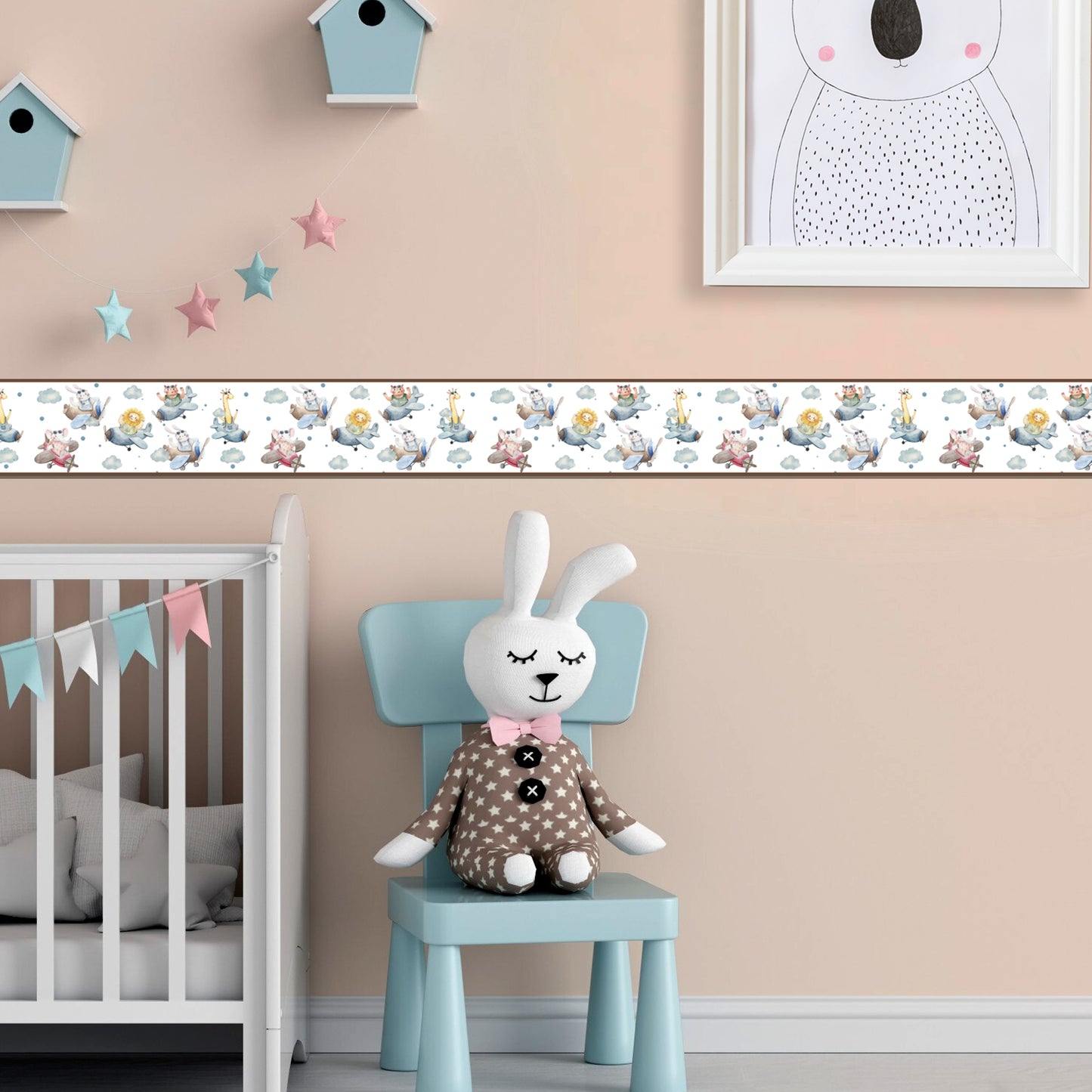 BipBop stickers. Bordo murale"Animali in Aereo" Greca decorativa per pareti cameretta bambini, adesivo riposizionabile e lavabile, facile applicazione e rimozione. (Animali in aereo)